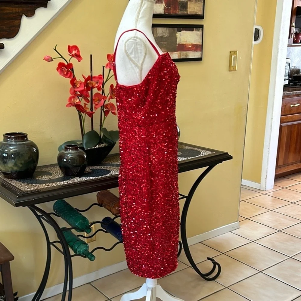 Women’s Red Sequin Thigh Slit Sleeveless Spaghetti Strap Cocktail Party Dress XL - Picture 5 of 14